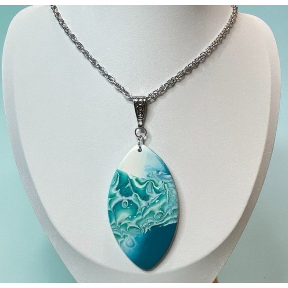 Handmade White Blue & Green Polymer Clay Lg Pendant Necklace 18" SS Cable Chain